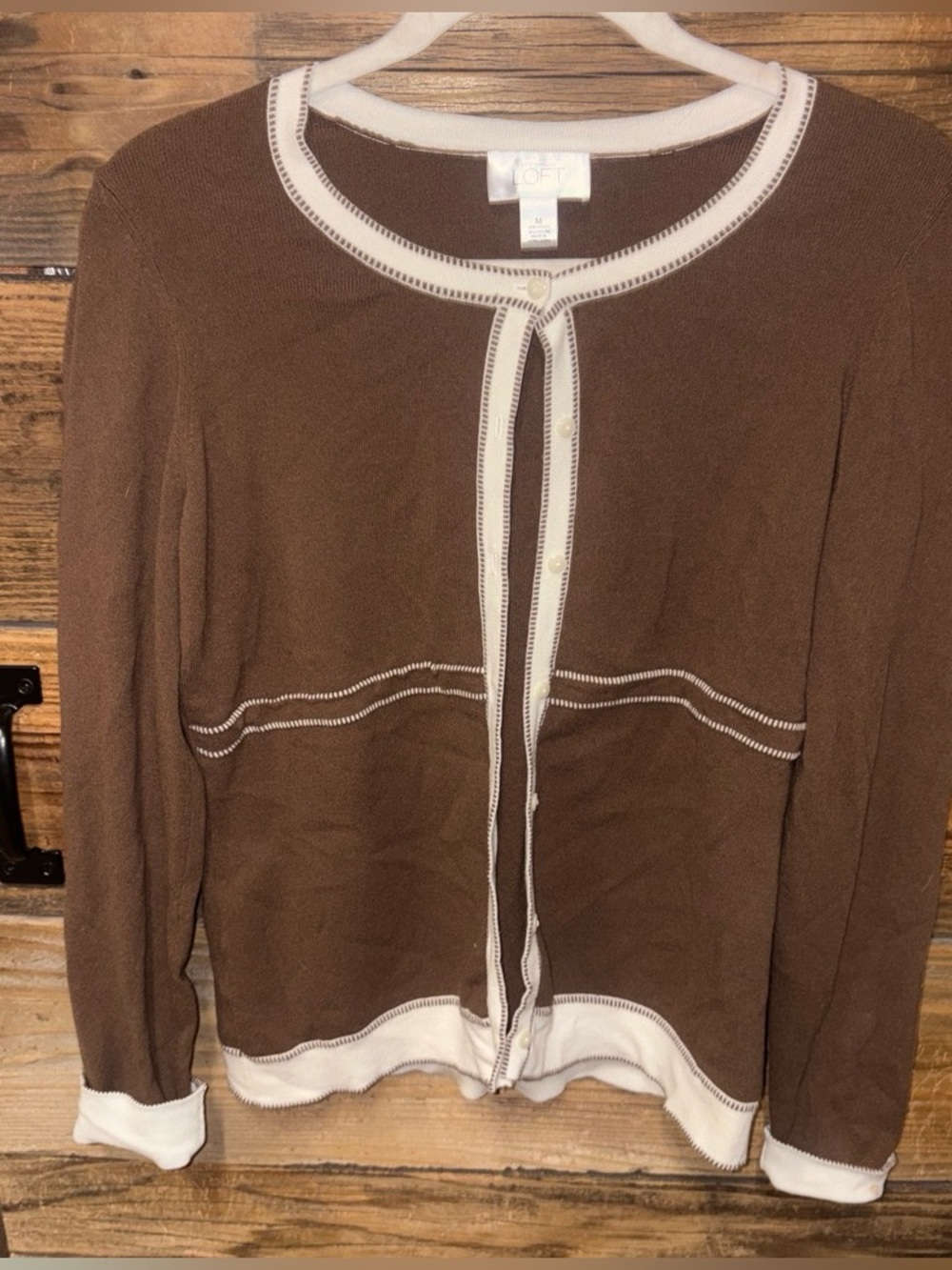 LOFT Brown Cardigan with White Contrast Trim
